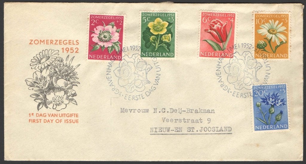 Nederland FDC E9 Met Adres, Zomerzegels Bloemen 1952, Postzegels en Munten, Ophalen of Verzenden, Beschreven, Nederland