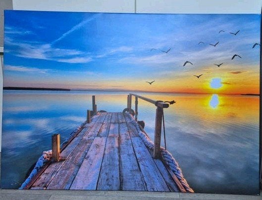 Schilderij zonsondergang steiger meer vogels, Ophalen, Zo goed als nieuw