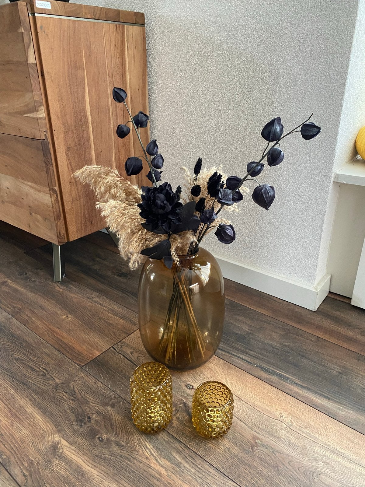 Glazen vaas met droogbloemen en waxinelichthouders, Ophalen, Inclusief droogbloemen, Bruin, Glas