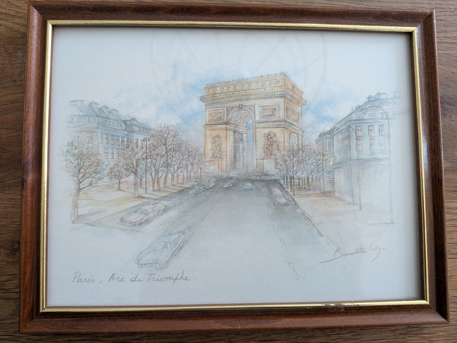 Ingelijste tekening Arc de Triomphe, Parijs van Benedette Co, Antiek en Kunst, Ophalen, Tekening, Potloodtekening, Ingelijst