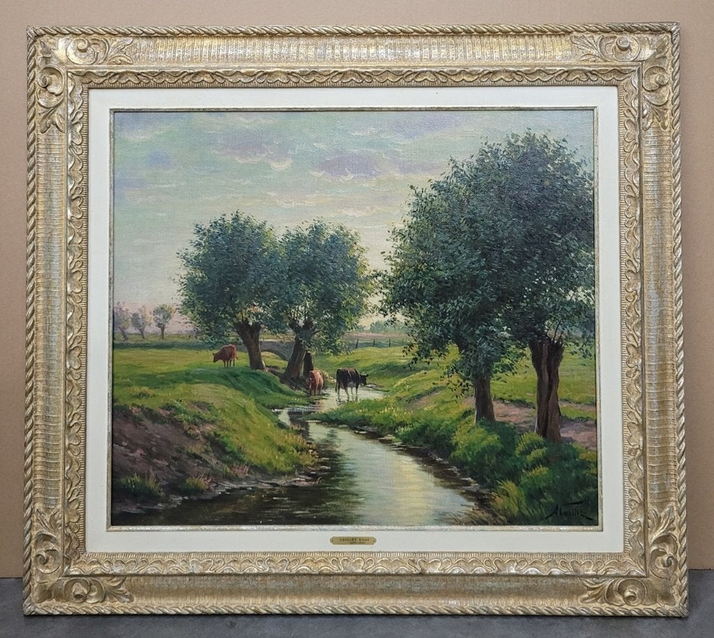 Albert CAULLET, koeien bij de sloot, Doek, Impressionistisch, Ophalen of Verzenden, Gesigneerd