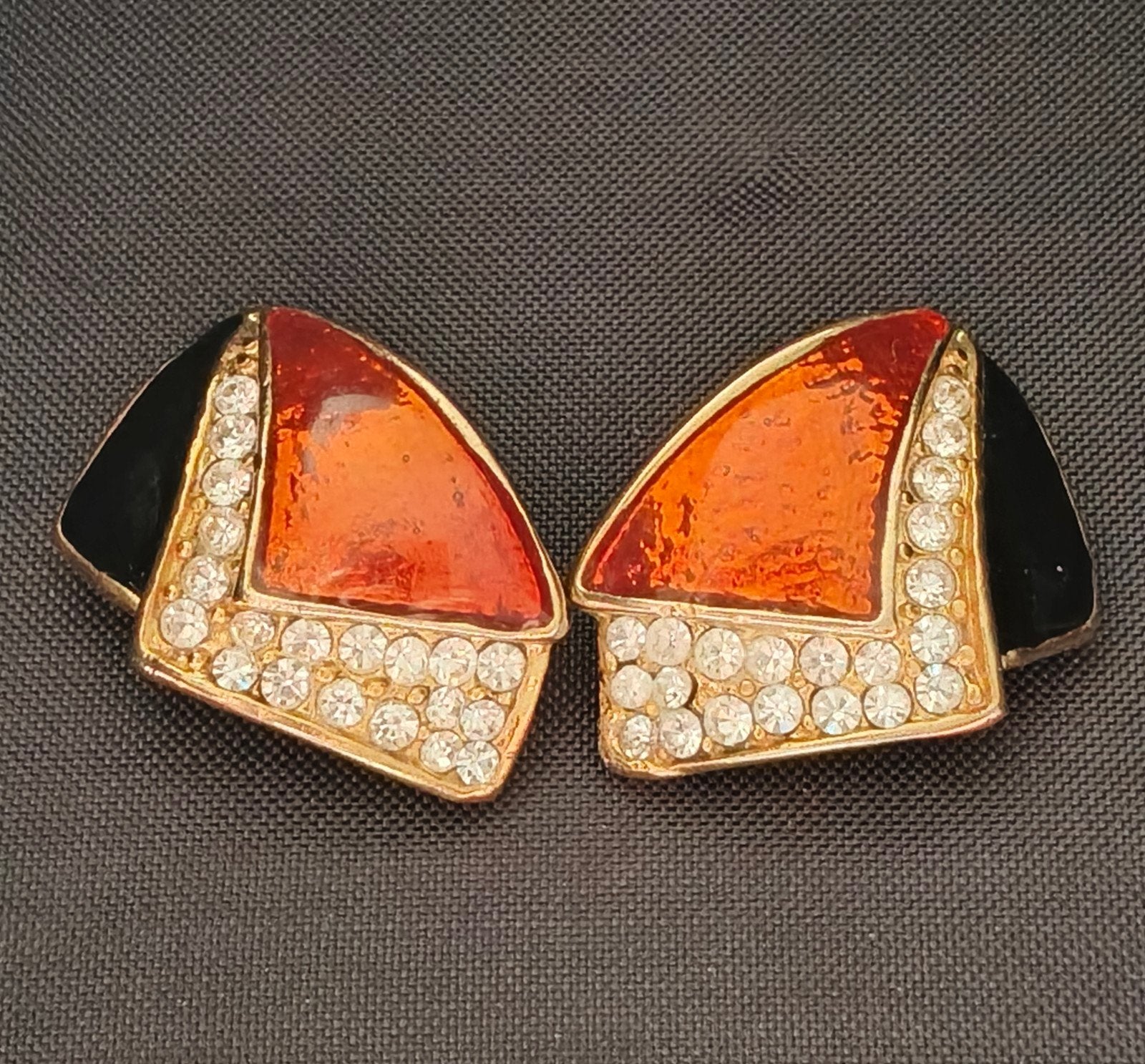 Vintage Clip Oorbellen met Strass en Oranje/Zwart Emaille, Overige materialen, Oranje, Ophalen of Verzenden, Zo goed als nieuw