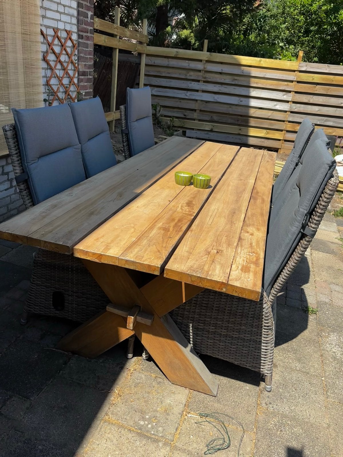 Prachtige en stevige tuinset: Teakhouten tafel met 6 verstel, Tuin en Terras, Tuinsets en Loungesets, Ophalen, Gebruikt, Eettafel