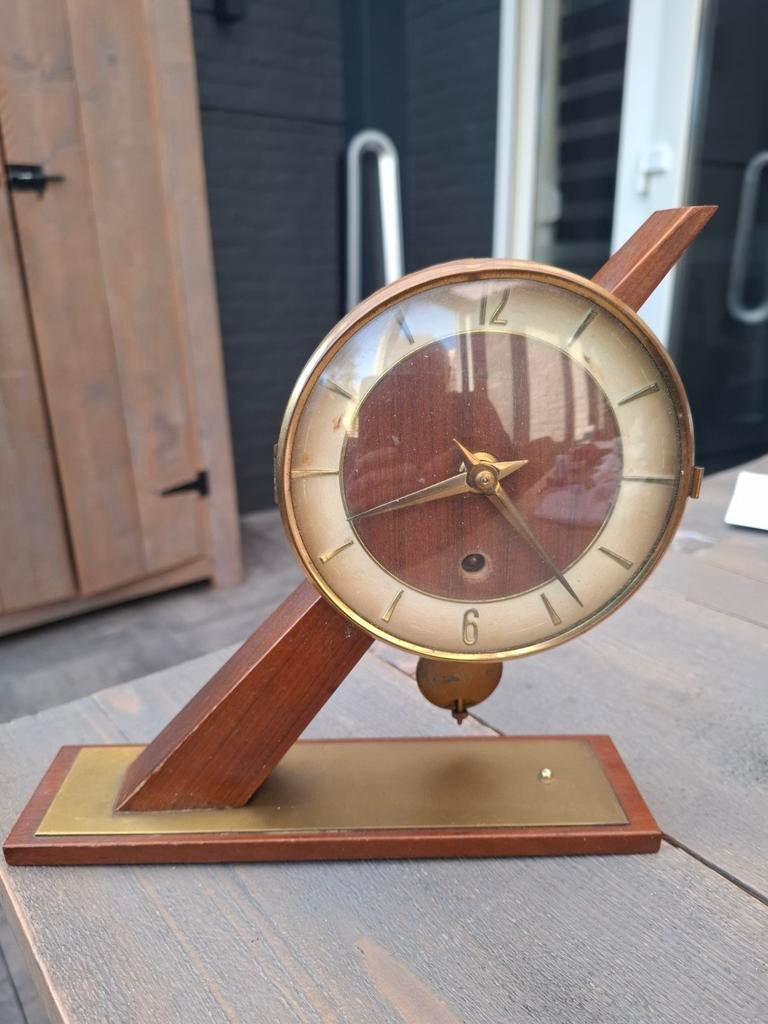 Vintage Plato Tafelklok - Hout en Messing, Ophalen of Verzenden