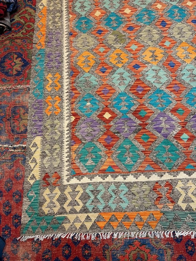 Handgeweven Kelim ( Gelim) – 255x188 cm – geometrisch design, 200 cm of meer, Geel, Ophalen of Verzenden, Zo goed als nieuw