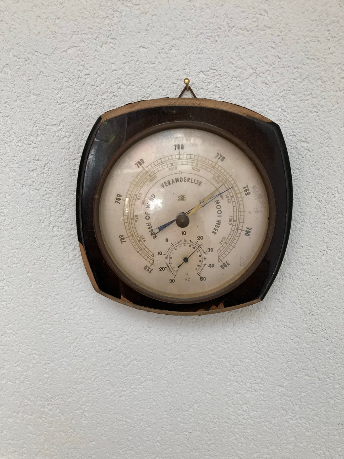 Antieke Barometer met Thermometer - Hout en Messing, Ophalen of Verzenden, Gebruikt, Barometer