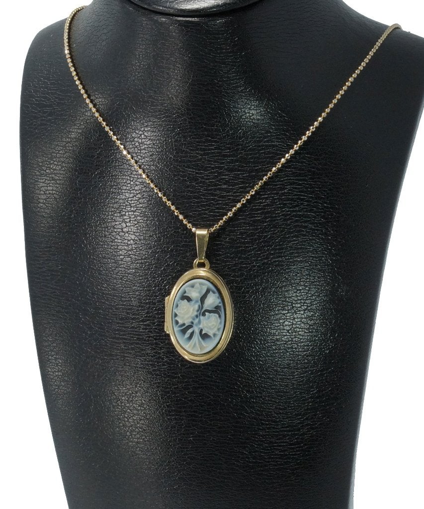 Foto medaillon 14k goud ketting hanger blauwe camee antiek, Verzenden, Goud, Hanger, Met edelsteen