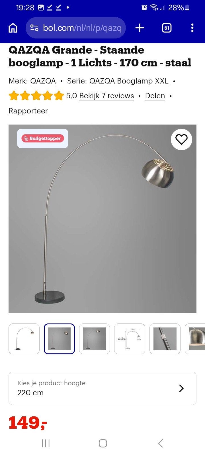 QAZQA Grande Booglamp XXL - Staal - 170 cm, Huis en Inrichting, Ophalen, Modern, Industrieel, Nieuw, Overige fittingen