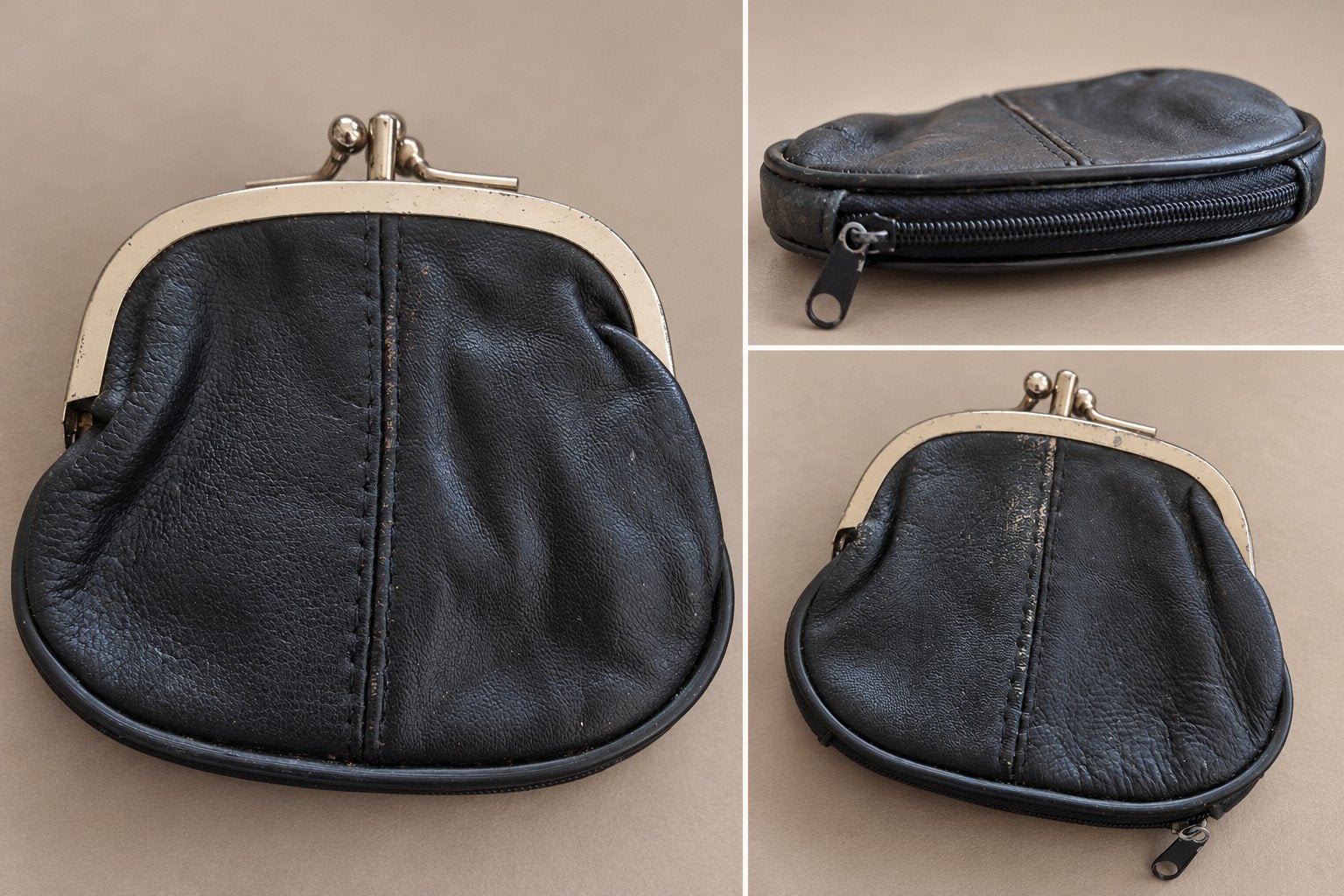 Vintage zwart portemonneetje met metalen sluiting, Ophalen of Verzenden, Gebruikt, Zwart