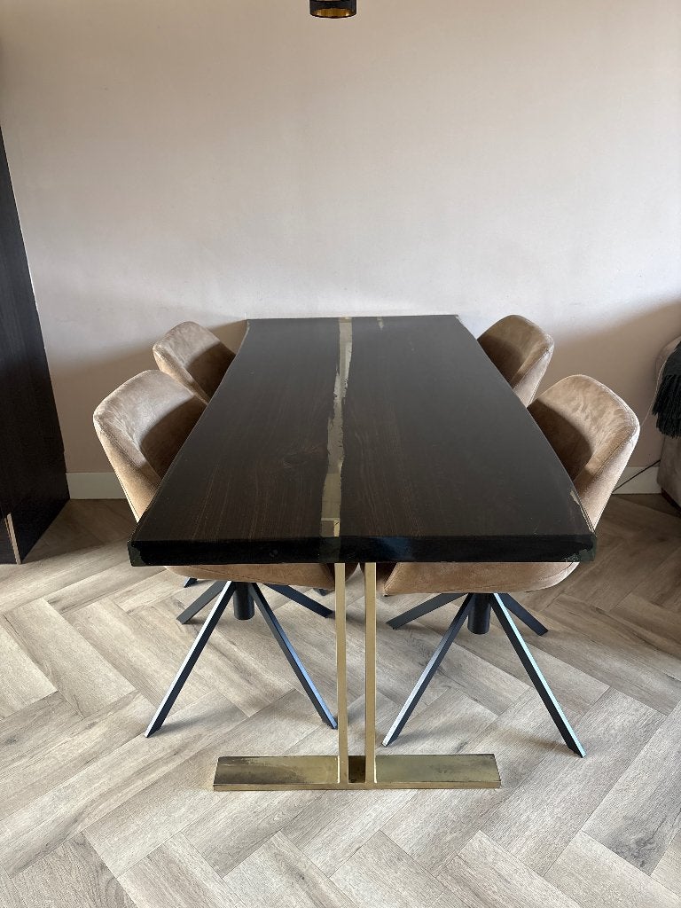 Zwart eiken houten eettafel met epoxy, Ophalen, Eikenhout, 50 tot 100 cm, Zo goed als nieuw