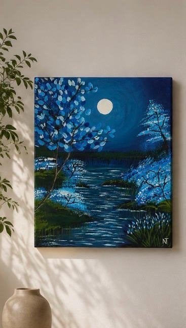 Nachtelijke Rivier: Handgeschilderd Acryl op Canvas, Ophalen of Verzenden