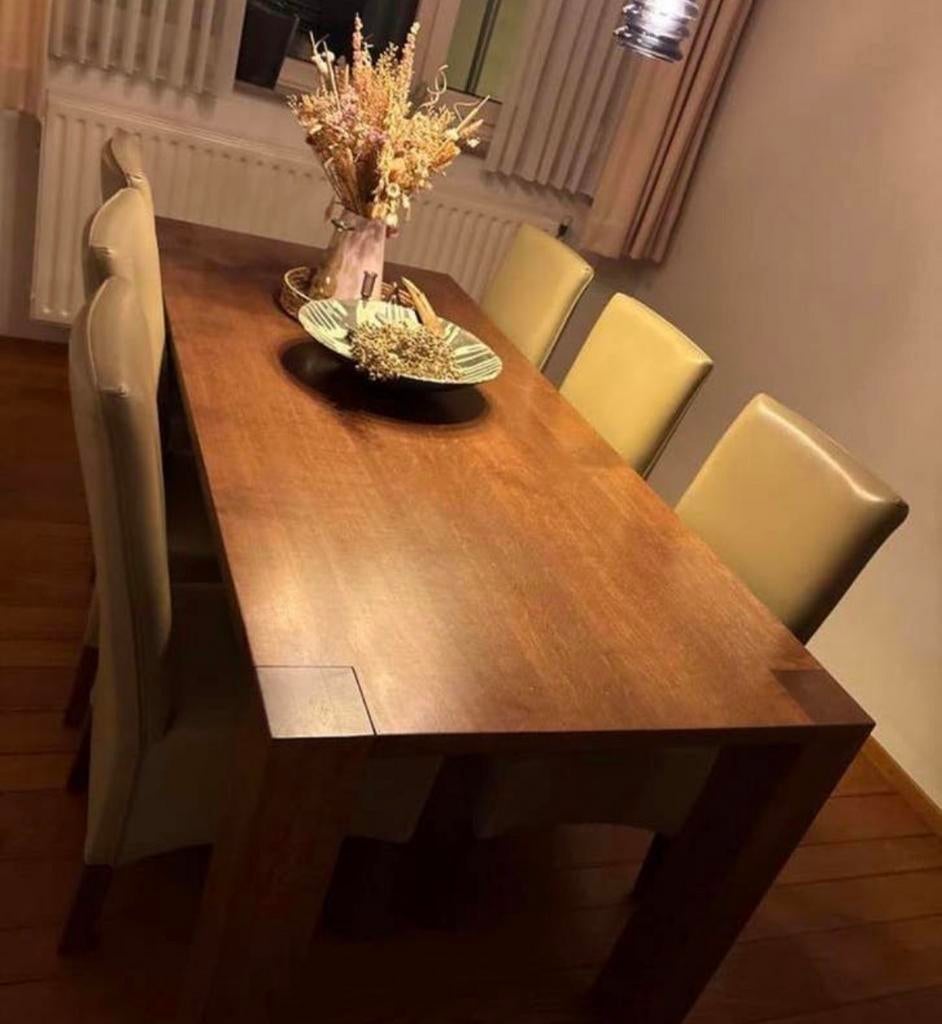 Eiken eettafel met 6 beige stoelen, Huis en Inrichting, Tafels | Eettafels, Ophalen, Gebruikt, Eikenhout, 50 tot 100 cm