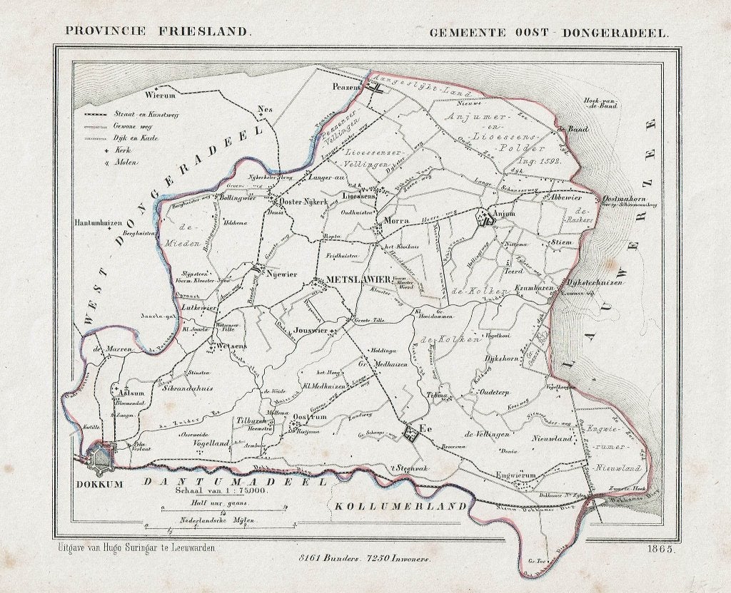 ** OOST-DONGERADEEL ** – Litho J. Kuyper 1865, Origineel, Ophalen of Verzenden, Kaarten en plattegronden, Lithografie