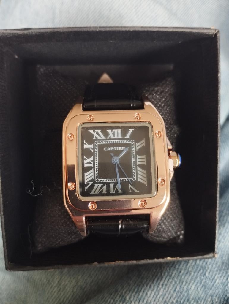 Prachtige Cartier Santos Dameshorloge Roségoud Zwart Leer, Overige merken, Leer, Polshorloge, Nieuw