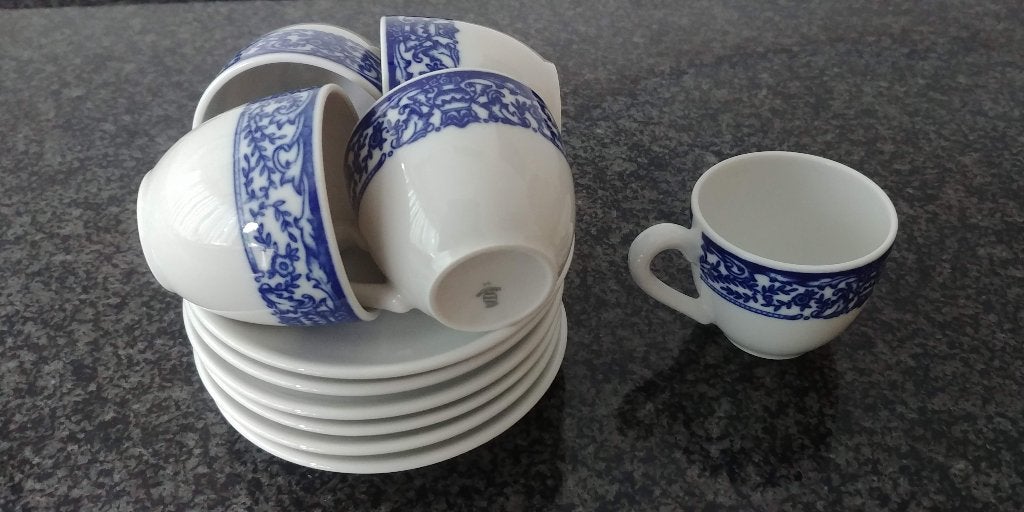 5 espressokopjes schoteltjes blauw Suisse Langenthal 5,5cm, Ophalen of Verzenden, Zo goed als nieuw, Porselein