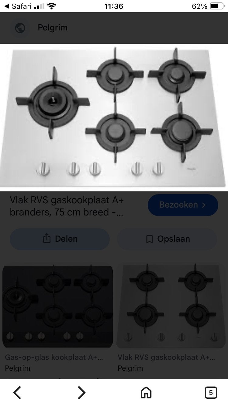 Pelgrim A+ RVS Gaskookplaat 5 Pits met Wokbrander Nieuw, Ophalen, Minder dan 85 cm, 60 cm of meer, Nieuw
