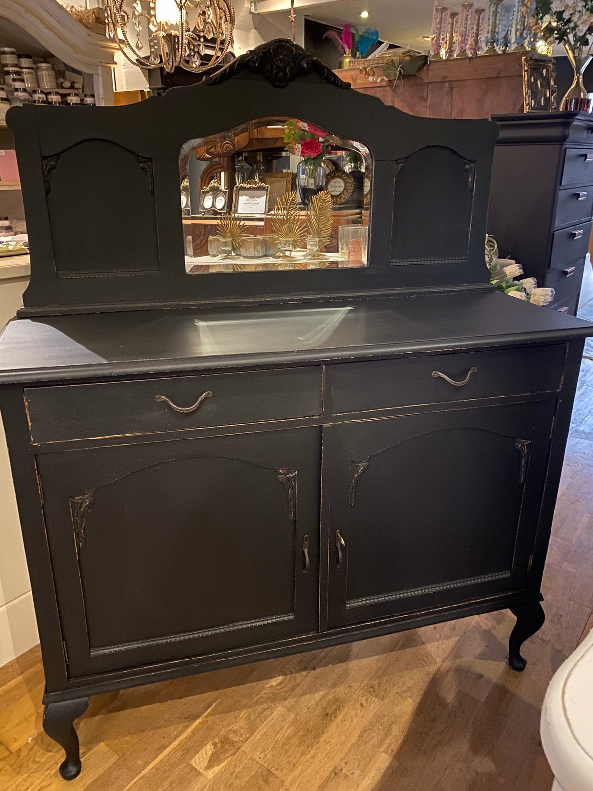 Antiek dressoir met spiegelopstand, vintage kast zwart VdlM, Ophalen, 100 tot 150 cm, 1 of 2 laden, Zo goed als nieuw
