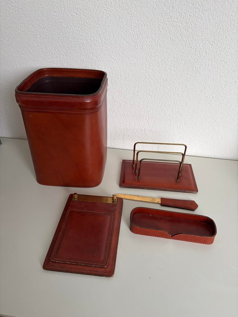 Vintage Leren Bureau Set - Prullenbak, Brievenhouder, Penbak, Ophalen of Verzenden, Zo goed als nieuw