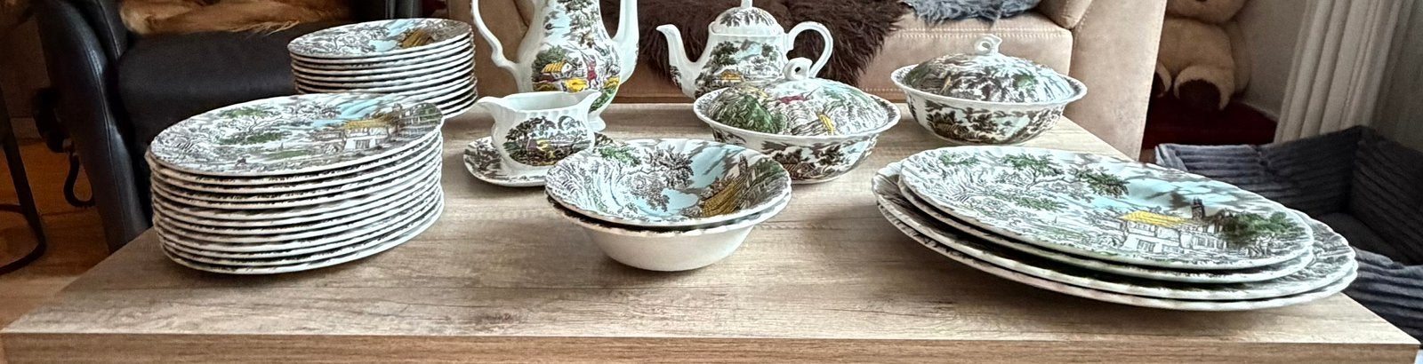 Prachtig vintage 50-delig Myott servies "The Hunter, Ophalen