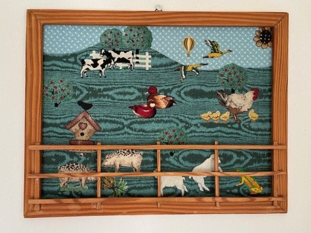 Boerderijdieren tafereel in lijst met hekwerk, Minder dan 50 cm, Gebruikt, Oorspronkelijke maker, Overige typen