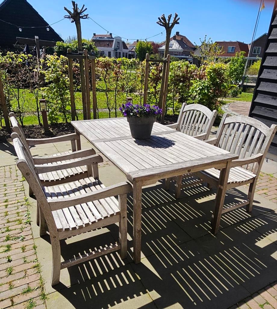 Teakhouten tuinset met 4 stoelen, Tuin en Terras, Ophalen, Gebruikt, Teakhout