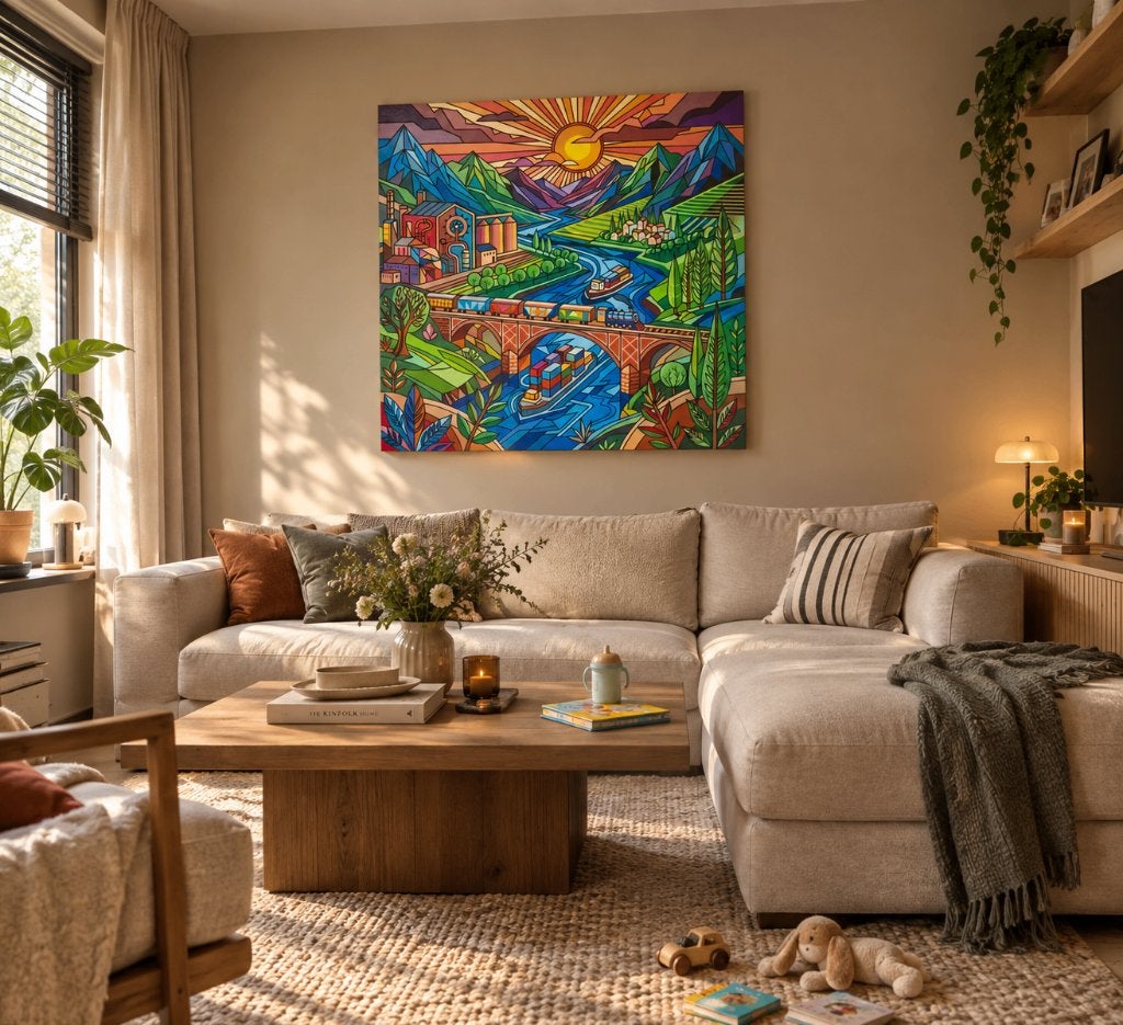 Groot kleurrijk schilderij 95 x 95 cm – landschap industrie, Antiek en Kunst, Ophalen of Verzenden