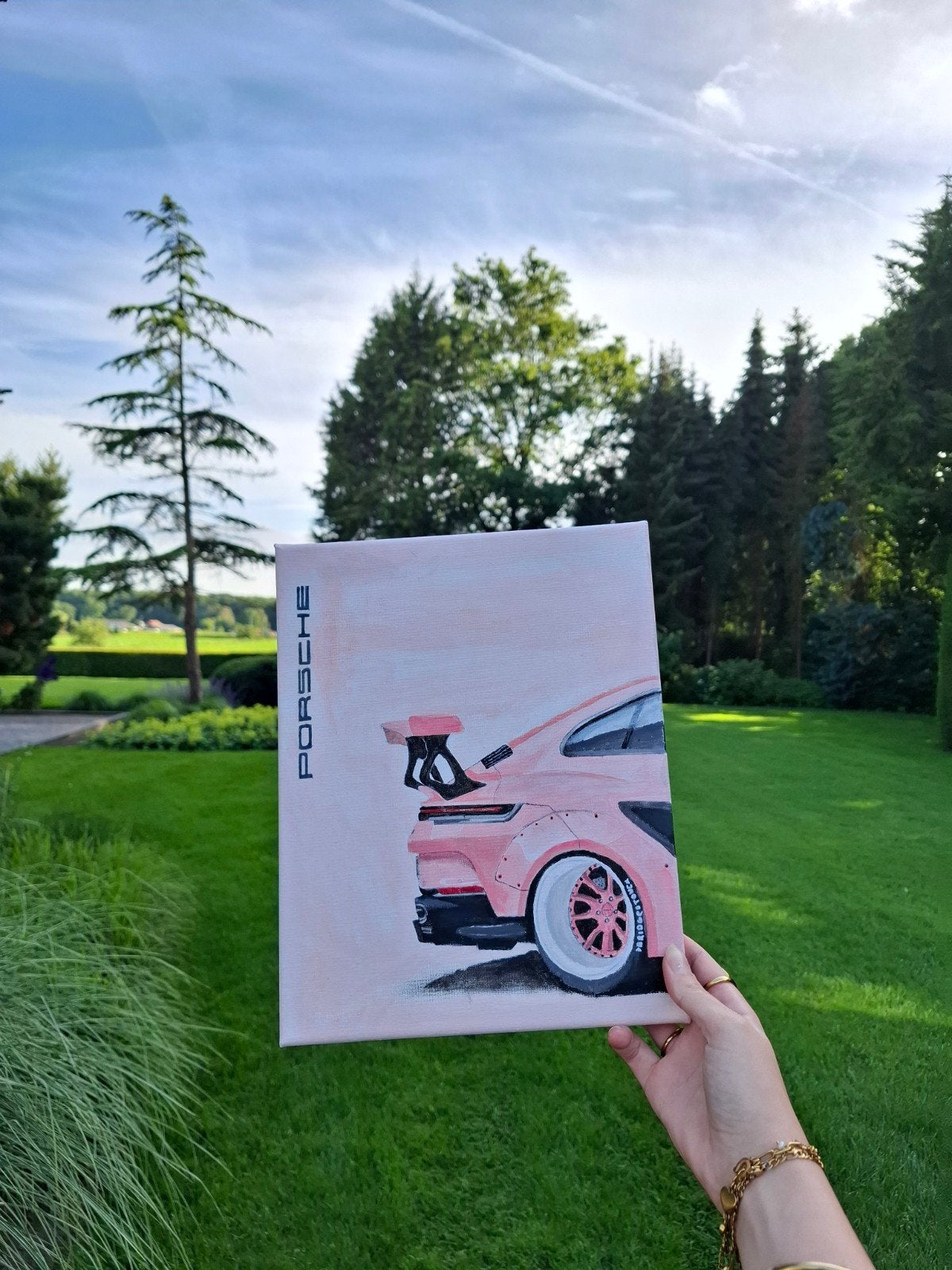 Handgeschilderd roze Porsche GT3 schilderij, Ophalen of Verzenden, Handgeschilderd, Voertuigen