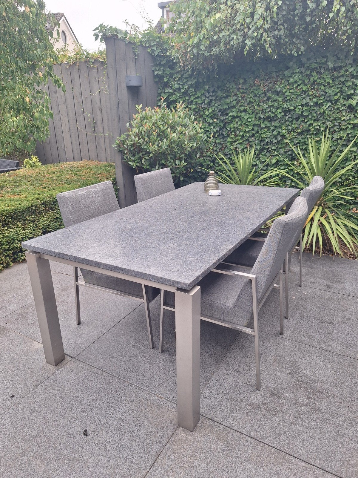 Tuinset met granieten tafel en 4 stoelen, Tuin en Terras, Ophalen, Gebruikt, Rechthoekig, Overige materialen