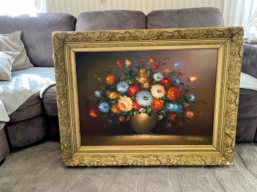 Prachtige groot olieverf bloemen schilderij, Antiek en Kunst, Kunst | Schilderijen | Klassiek, Ophalen of Verzenden