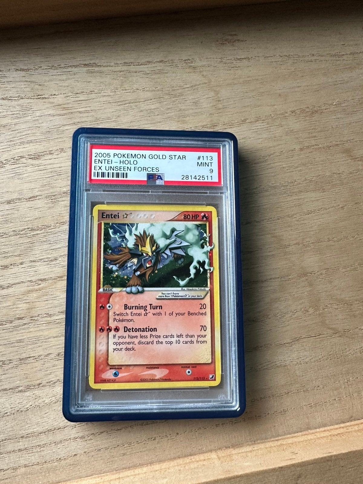 Pokémon Gold Star Entei PSA 9 - EX Unseen Forces, Ophalen of Verzenden, Zo goed als nieuw, Losse kaart, Foil