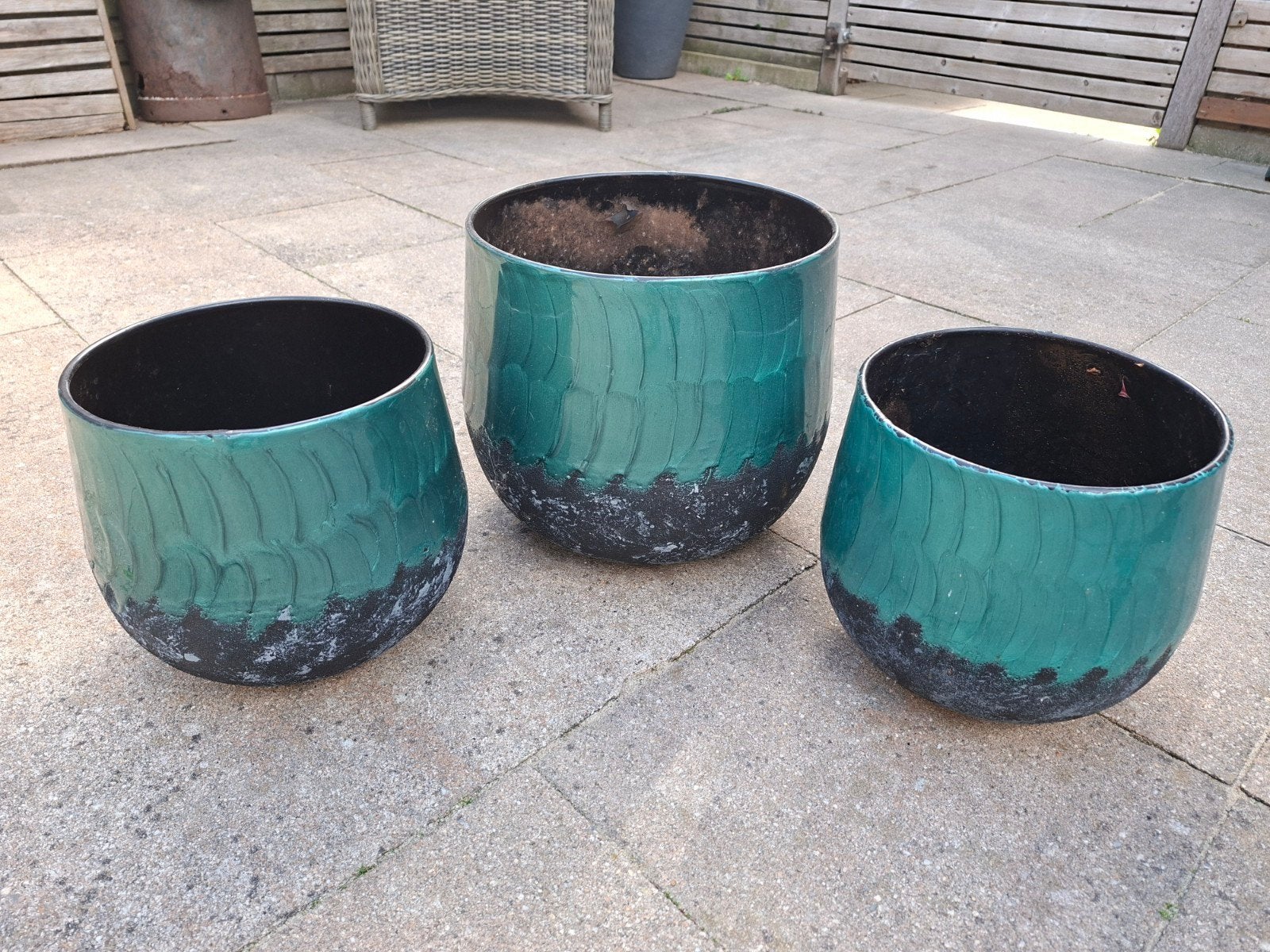 Set van 3 Groen/grijze Potten., Ophalen, Gebruikt