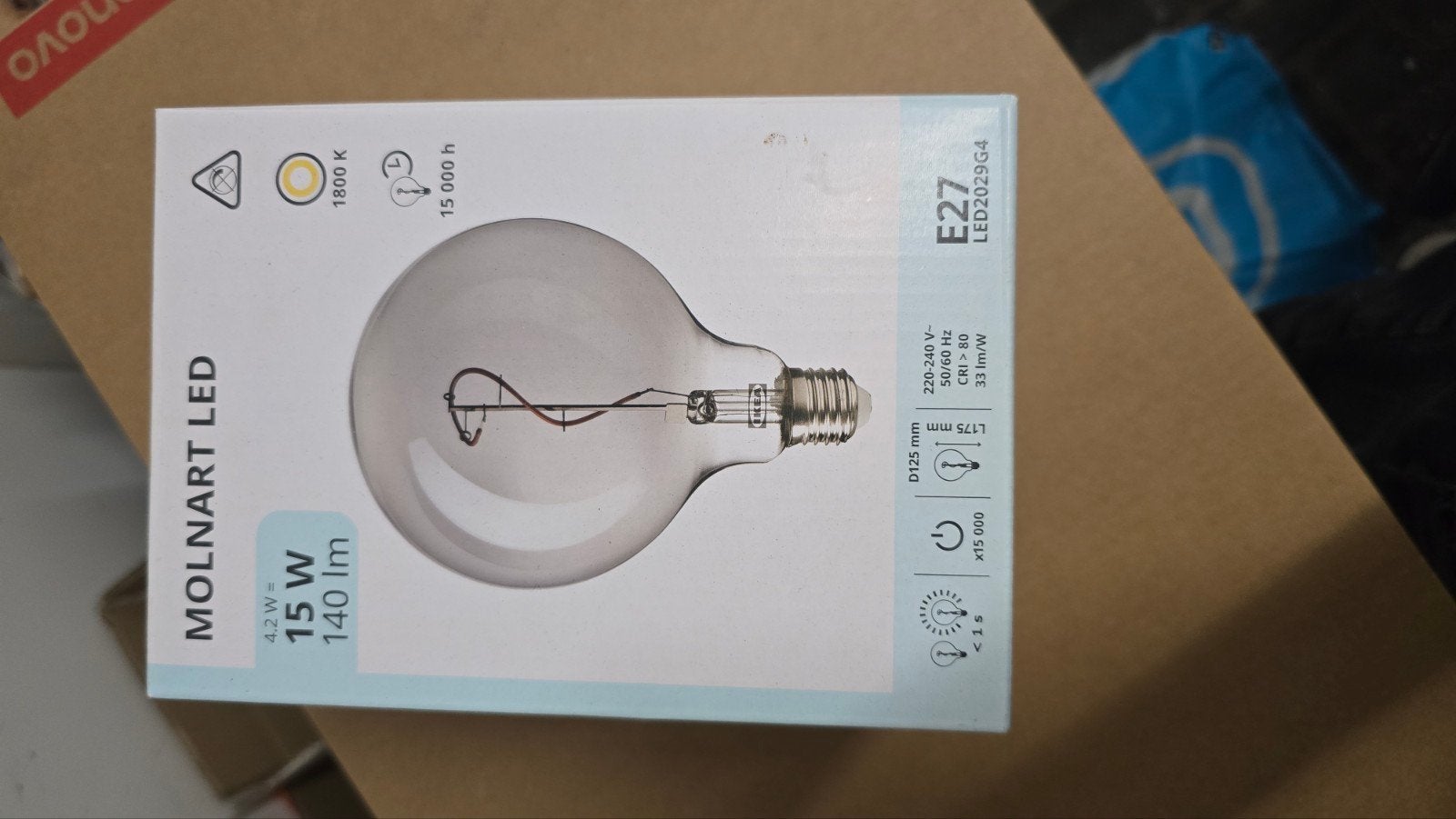 IKEA Molnart LED E27 Grote Globe Lamp 15W 140lm 1800K, Zo goed als nieuw, Glas, Art deco, E27 (groot)
