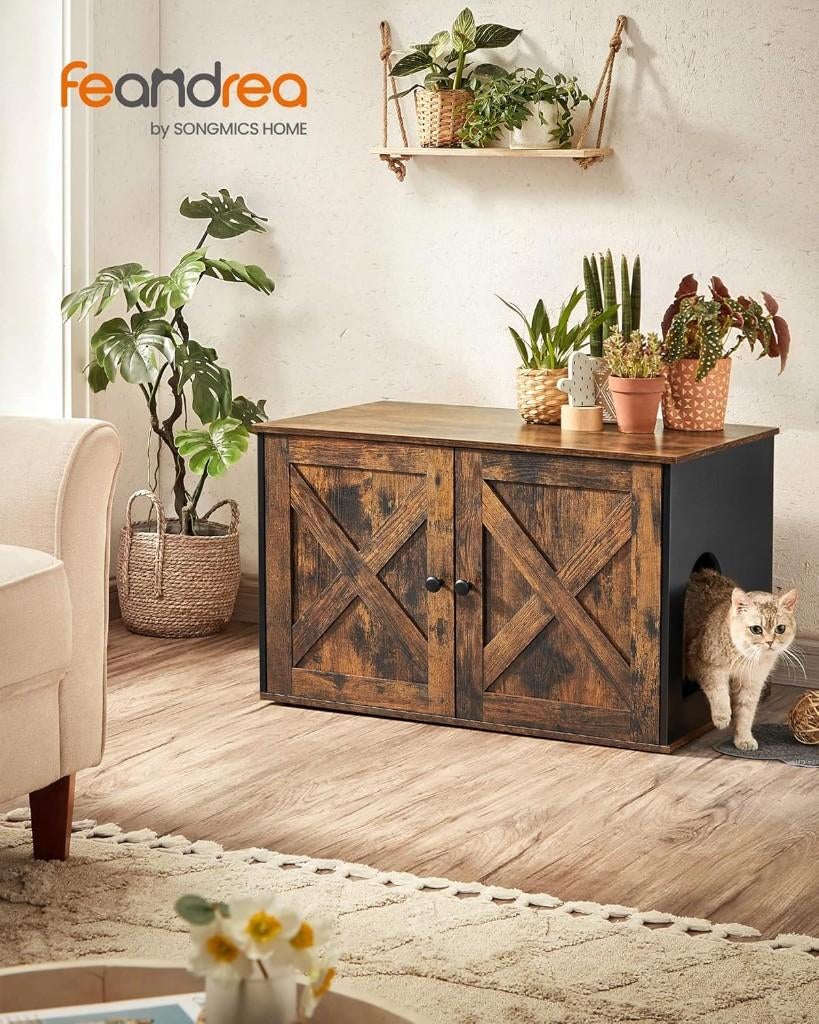 Feandrea Kattenhuis-80 x 53 x 50 cm-kattenbak-bruin-zwart, Dieren en Toebehoren, Katten-accessoires, Ophalen of Verzenden, Zo goed als nieuw
