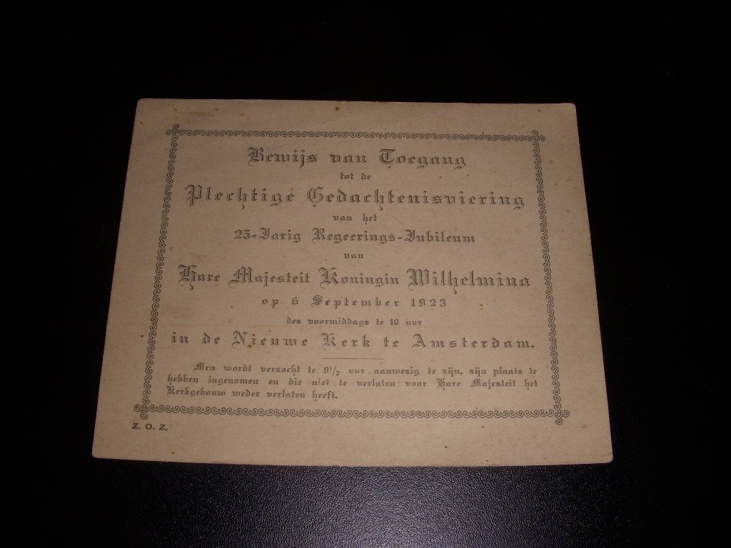 Toegangsbewijs 25 jarig jubileum Koningin Wilhelmina 1923, Ophalen of Verzenden