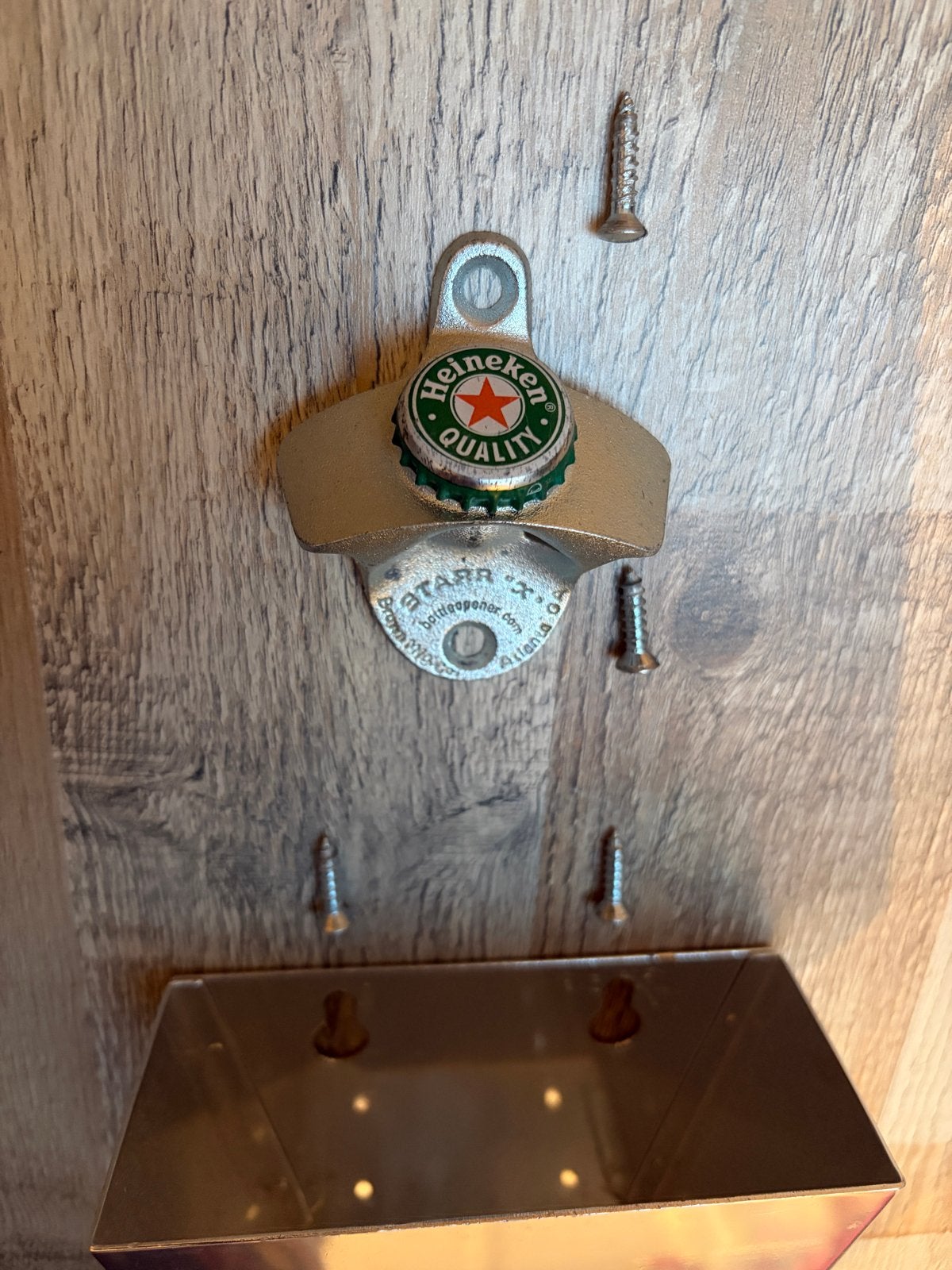 Heineken STARR X wandflesopener met opvangbak, Vintage, Gebruikt, Ophalen of Verzenden, Metaal