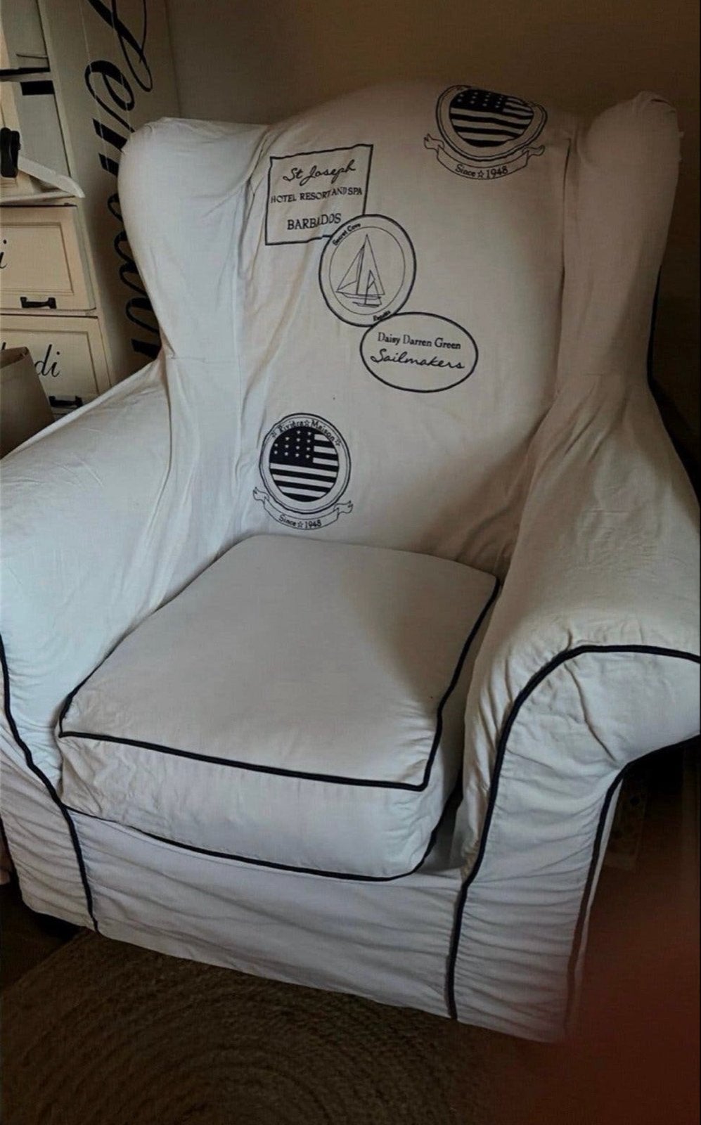 Riviera Maison Fauteuil met Maritieme Print - Zo goed als ni, Huis en Inrichting, Ophalen of Verzenden, Gebruikt, Stof, 75 tot 100 cm