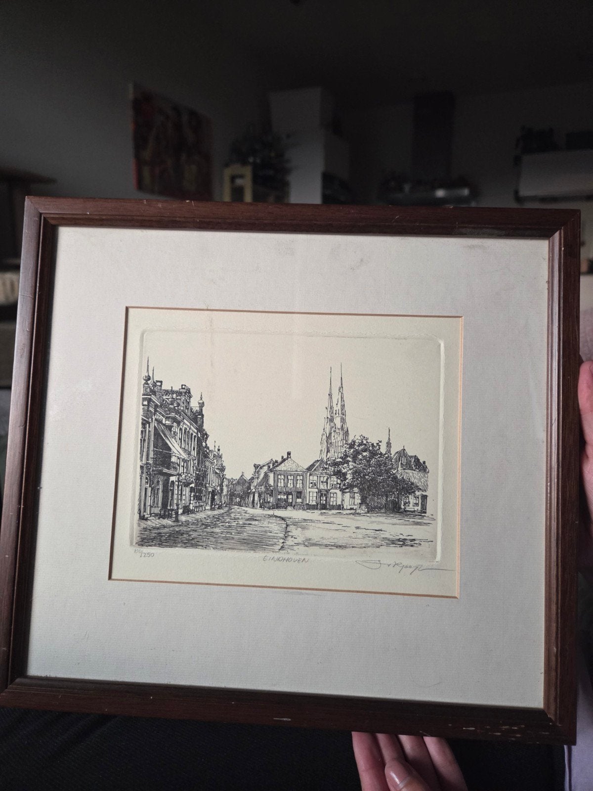 Orginele Ets Eindhoven van Jan van Rijsewijk, Antiek en Kunst, Kunst | Etsen en Gravures, Ingelijst, Stadsgezicht, Ophalen of Verzenden