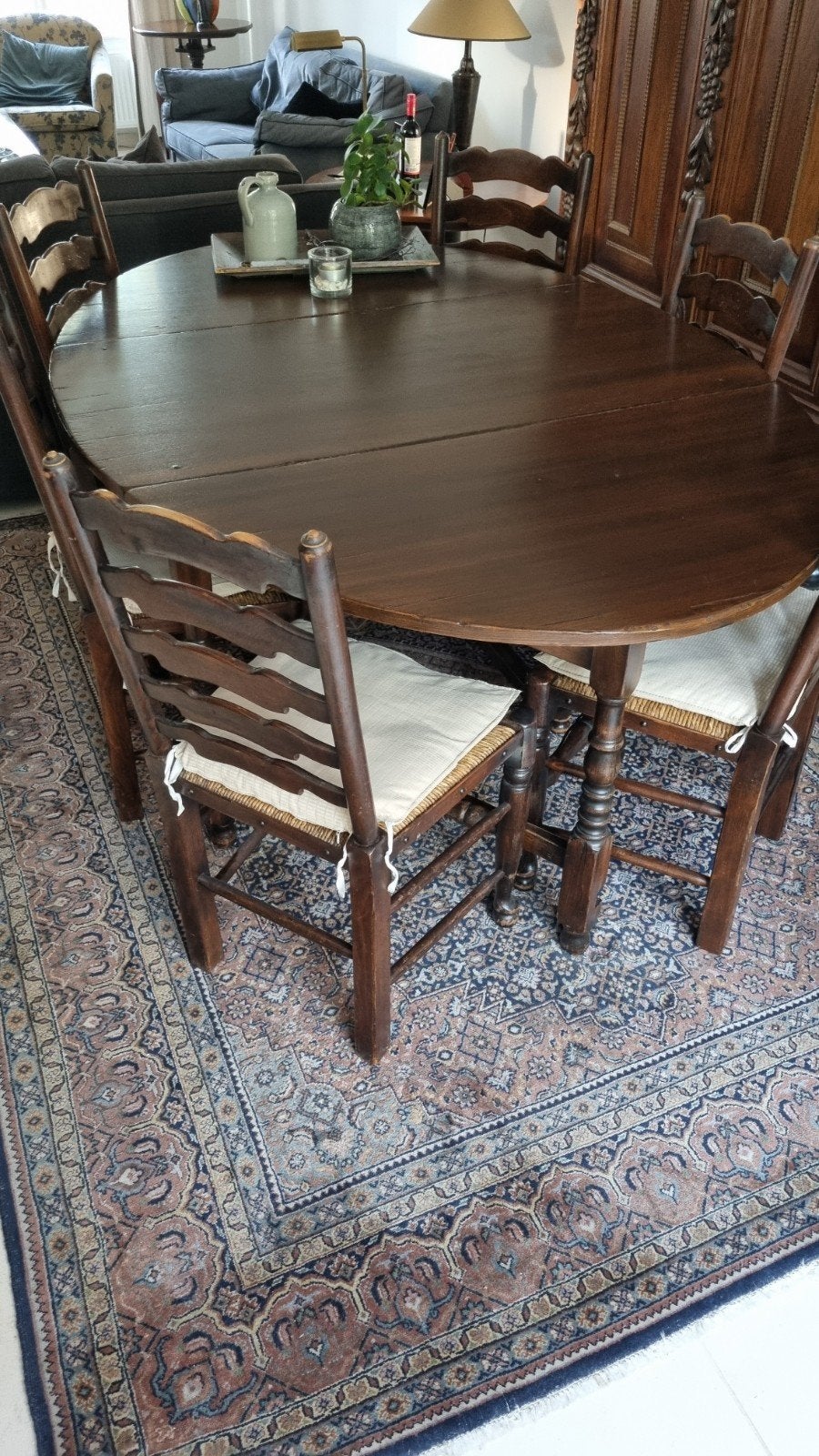 Engelse antieke gateleg eettafel met 6 stoelen, Ophalen