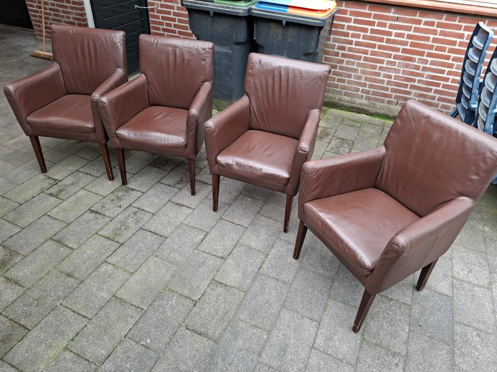 Set van 4 bruine leren eetkamerstoelen gratis stoelen, Huis en Inrichting, Stoelen, Ophalen, Gebruikt, Bruin, Klassiek