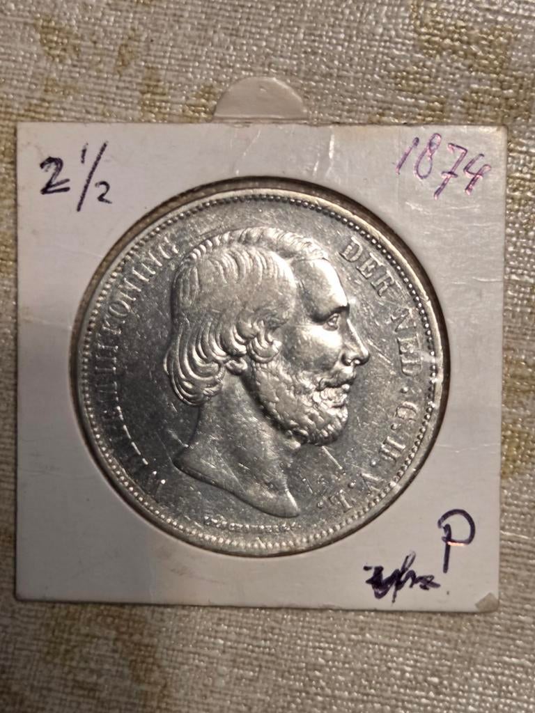Zilveren 2½ Gulden Koning Willem III 1874, Koning Willem III, Zilver, Ophalen of Verzenden, Losse munt