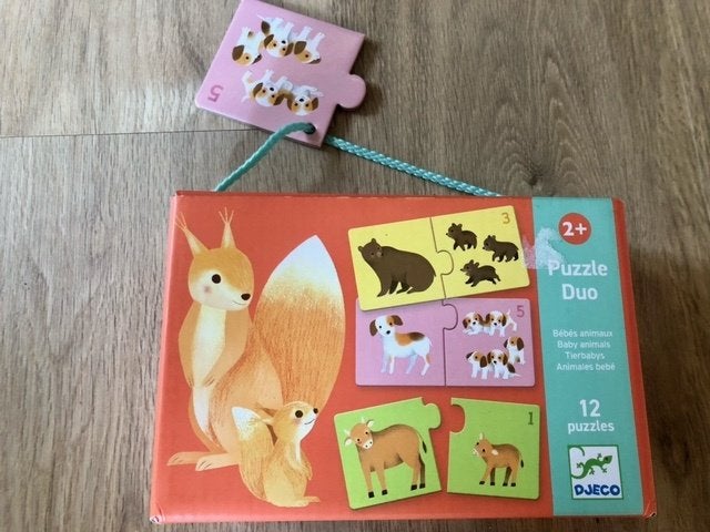 Djeco puzzel duo babydieren, Ophalen of Verzenden, 10 tot 50 stukjes, Zo goed als nieuw, 2 tot 4 jaar