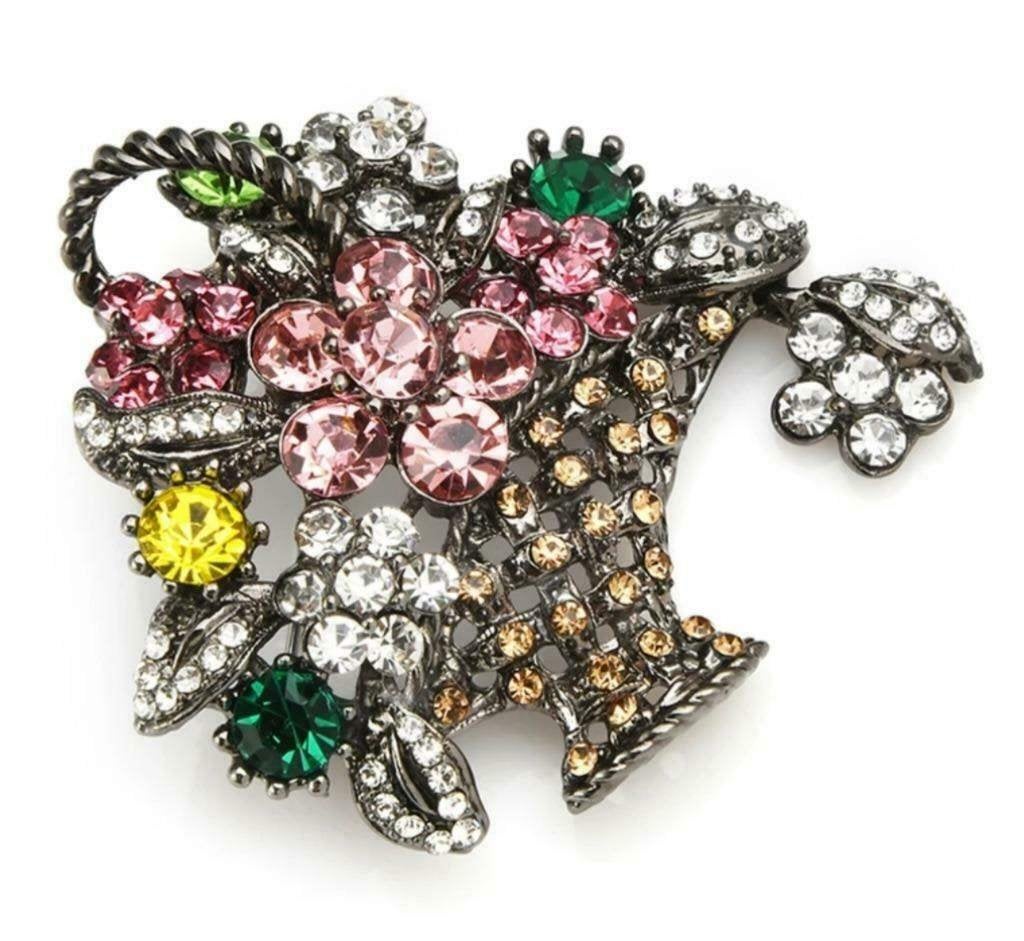 Nieuw, broche, bloemen in mand met strass. 5 - 5 cm, Overige materialen, 4 tot 7 cm, Overige kleuren, Nieuw