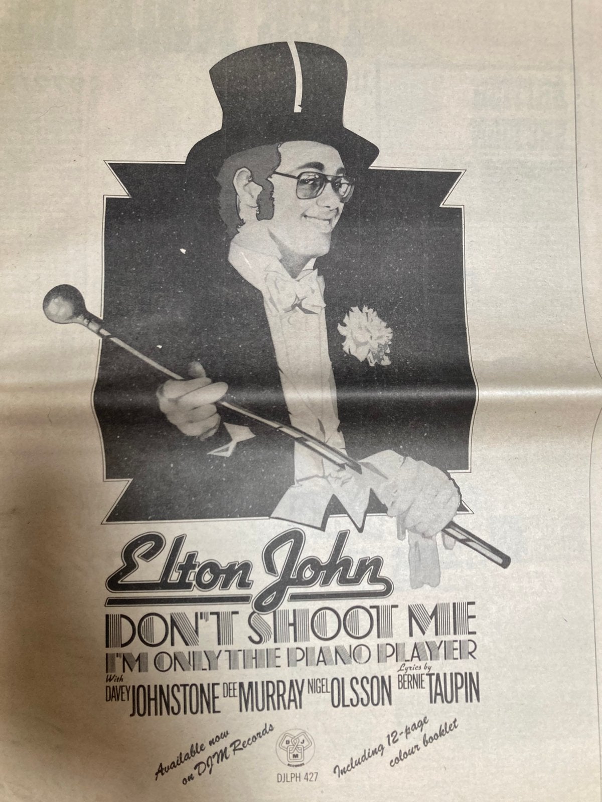 Paginagrote A3 advertentie ELTON JOHN Don’t Shoot Me release, Ophalen of Verzenden, Zo goed als nieuw, A1 t/m A3