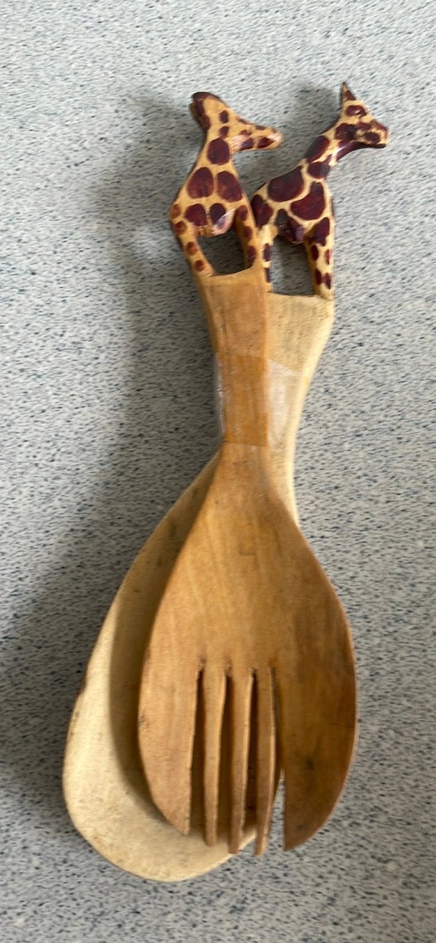 Prachtig houten salade bestek giraf hout Afrika, Ophalen of Verzenden