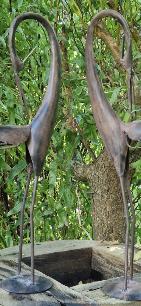 Prachtig tweeling setje metalen kraanvogels (brocante), Ophalen of Verzenden, Gebruikt, Metaal, Dierenbeeld