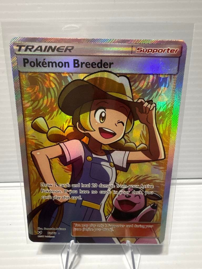 Pokemon Breeder 73/73 Shining Legends NM Conditie, Ophalen of Verzenden, Zo goed als nieuw, Losse kaart, Foil