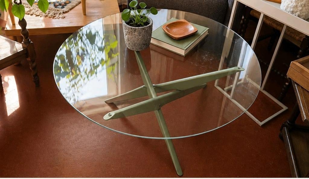 Glazen salontafel met uniek onderstel, Glas, Gebruikt, Rond, Ophalen of Verzenden