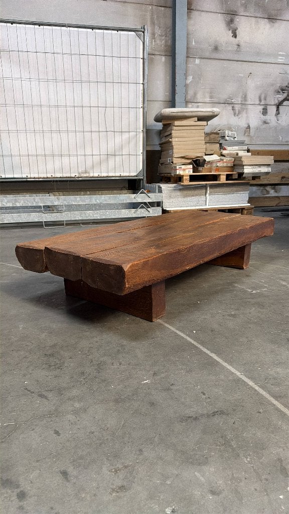 Brutalistische salontafel in massief eiken, Ophalen, Gebruikt, 100 tot 150 cm, Eikenhout