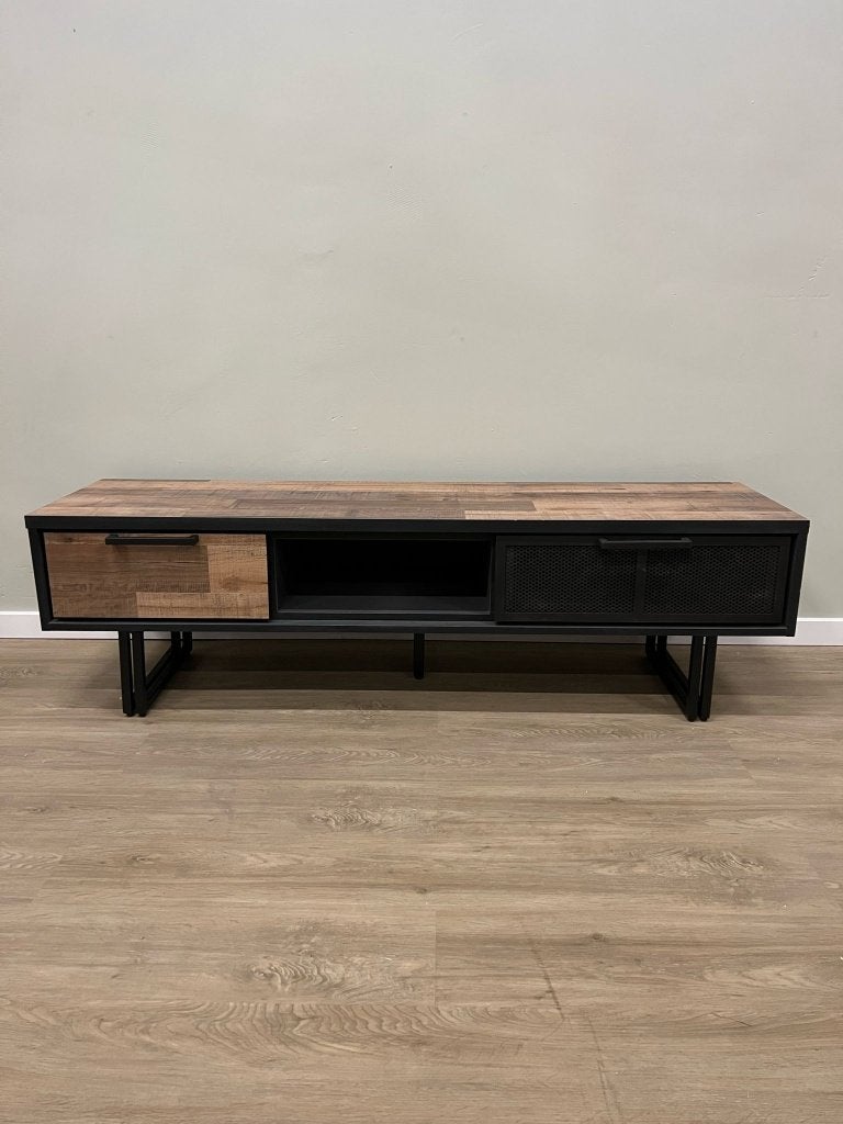 Avalon TV-dressoir 160 cm - Driftwood met metalen accenten, Huis en Inrichting, 1 of 2 laden, 150 tot 200 cm, Nieuw, Ophalen of Verzenden