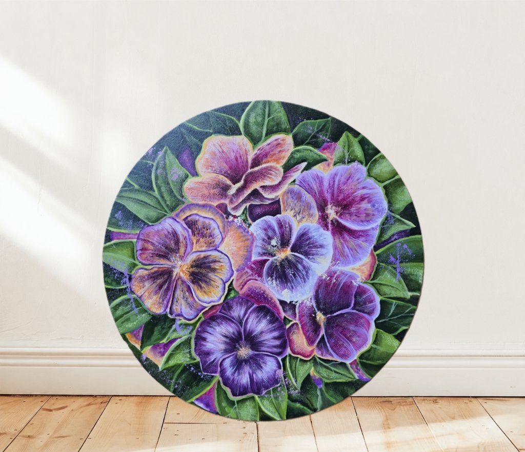Hand-Painted Round Floral Art. (40x40 cm), Bloemen, Acrylverf, Expressionistisch, Gesigneerd